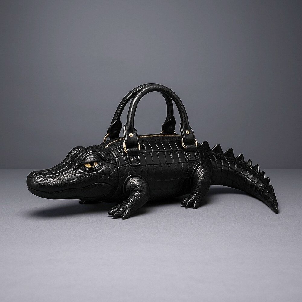 🖤 Black Crocodile Patent Leather Shaped Handbag w/strap Novelty Statement! - Picture 3 of 10